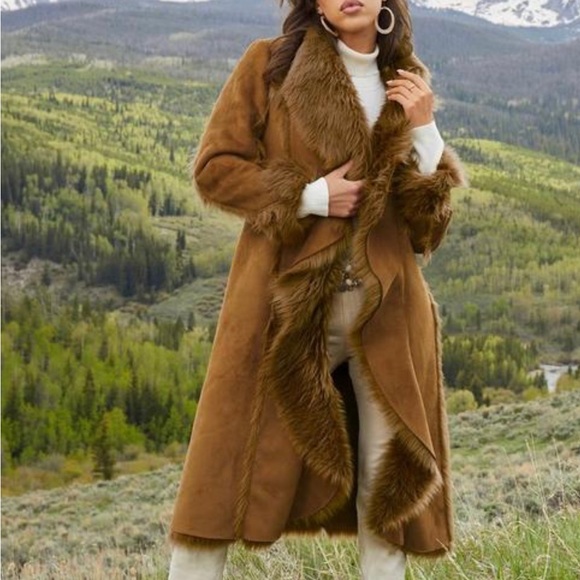 Faux-fur cascading coat in rich tobacco brown by Donna Salyer's Fabulous Furs.